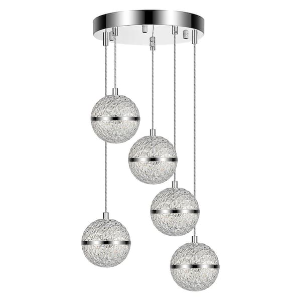 Edvivi 28-Watt 5-Light Chrome Finish LED Cluster Pendant Light with Crystal Orb Shade