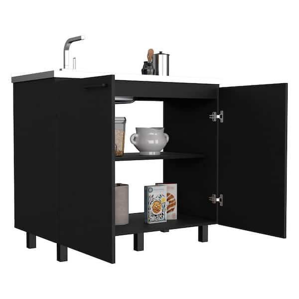 Single Bowl Drop-In Kitchen Sink with Storage Cabinet, Stainless Steel Countertop, Interior Shelf, Modern Wenge Finish