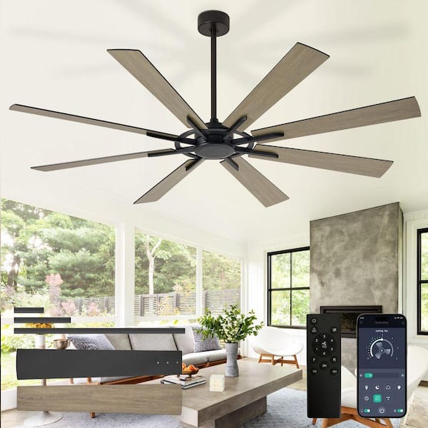72 in. Wood Brushed Black 8 Blade Downrod Mount Large Ceiling Fans with No Light Included Remote APP Control Timer