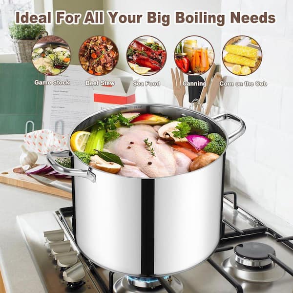 20 qt. Stainless Steel Stock Pot with Lid, Tri-Ply Bottom for Even