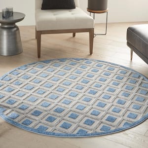 Aloha Blue/Gray 4 ft. x 4 ft. Round Geometric Contemporary Indoor/Outdoor Patio Area Rug