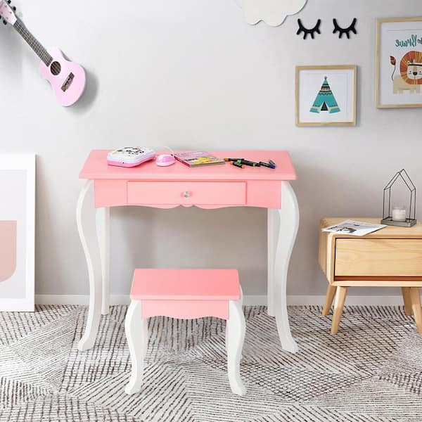 Kids Vanity Princess Makeup Dressing Table Stool Set W/Mirror Drawer Pink