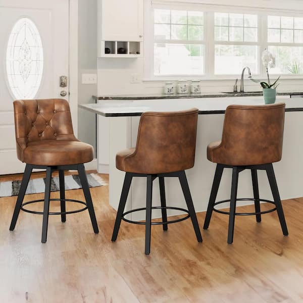 Rowland 26.5 in Seat Height Brown Faux Leather Counter Height Solid Wood Leg Swivel Bar stool（Set of 3）