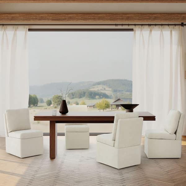 Stansberry Chenille Cream Fabric Upholstered Armless Dining Chair with Lift-Seat Storage and Caster Wheels (Set of 4)