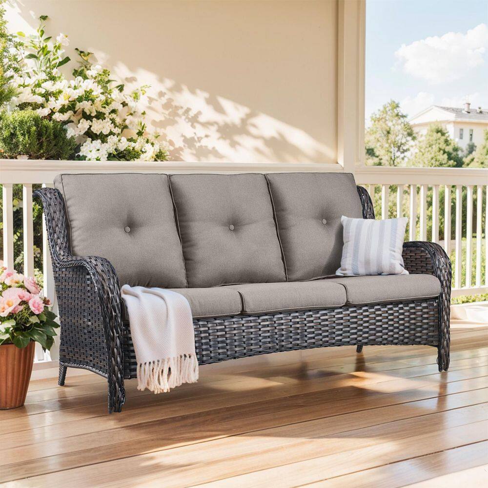 WellCane 3-Seat Brown Wicker Outdoor Couch Patio Sofa with High Curvy Back, and Thick Gray Cushions price history on PriceWatchPro