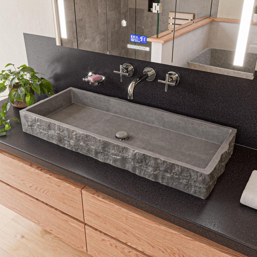 Gray Matte Concrete Rectangular Bathroom Sink, 39.6"