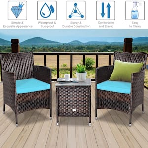 3-Pieces Patio Outdoor Rattan Wicker Furniture Set with Coffee Table Turquoise Cushioned Chairs
