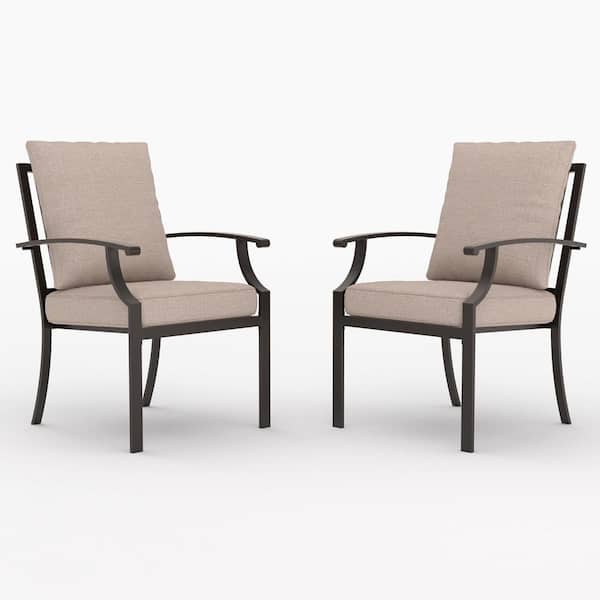 Brown Patio Metal Outdoor Dining/Side/Restaurant Chairs with Modern, Curved Armrests and Sand Cushions (2-Pack)