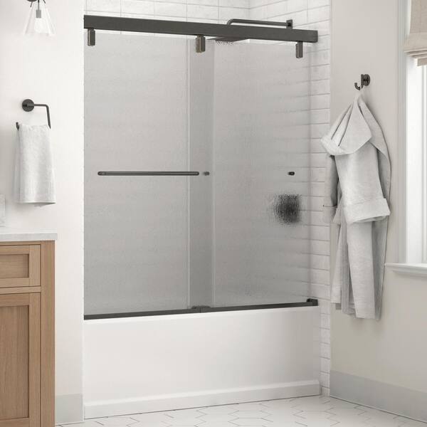 Everly 60 in. x 59-1/4 in. Mod Semi-Frameless Sliding Bathtub Door in Bronze and 1/4 in. (6mm) Rain Glass Everly 60 in. x 59-1/4 in. Mod Semi-Frameless Sliding Bathtub Door in Bronze and 1/4 in. (6mm) Rain Glass