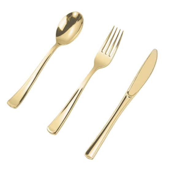 300-Piece Gold Plastic Silverware Set for Parties, Weddings and Daily Use with 100 Forks, 100 Spoons and 100 Knives