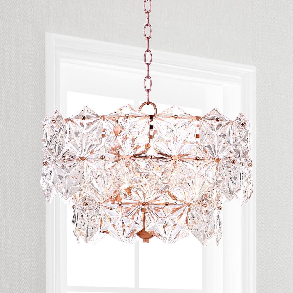 Contemporary Two-Tier Crystal and Copper Drum Pendant Light