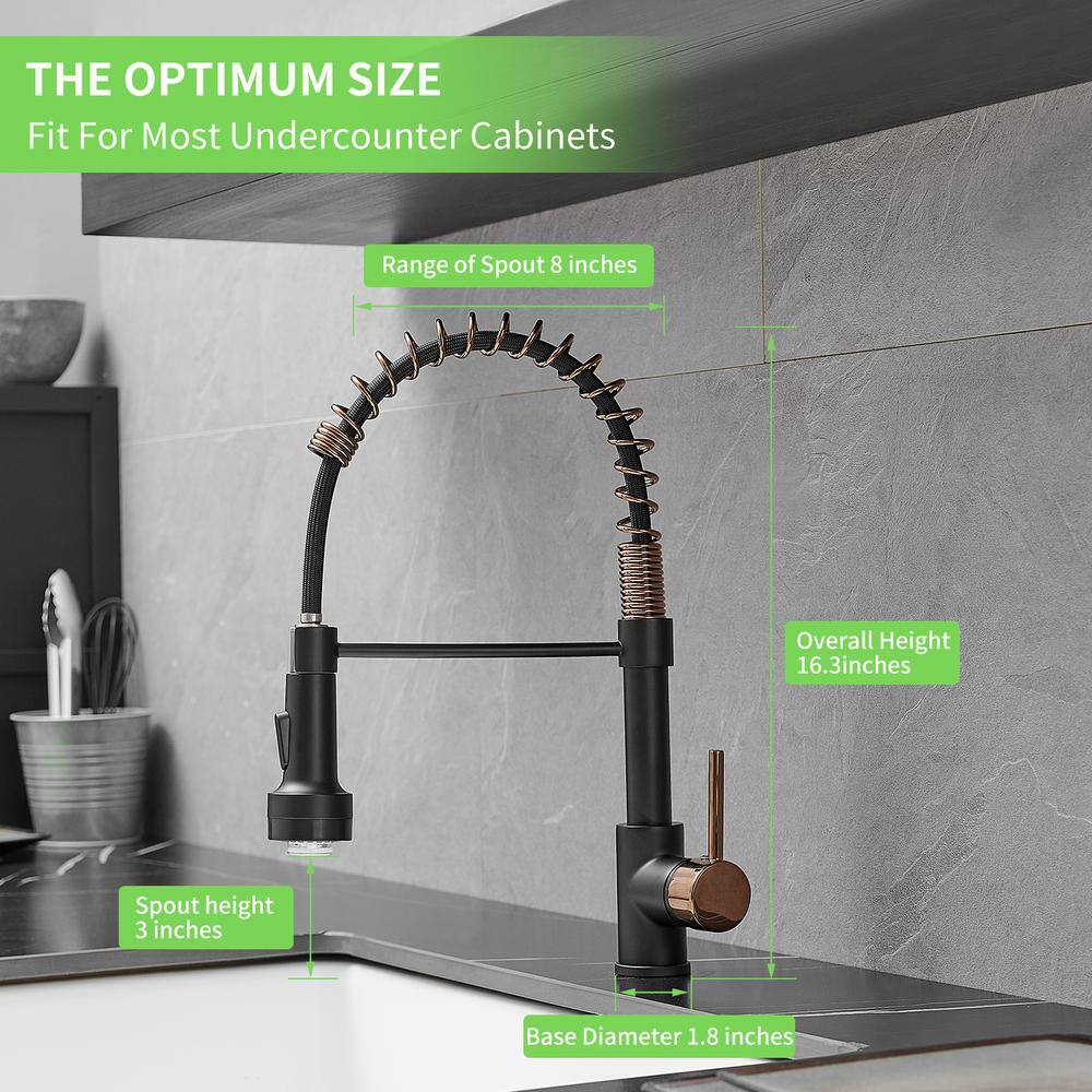 Matte Black and Rose Gold Pull Down Kitchen Faucet with LED Light