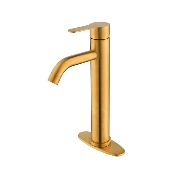 Lukvuzo Single Handle Mid Arc Single Hole Bathroom Faucet with Deckplate Included and Drain Kit Included in Gold