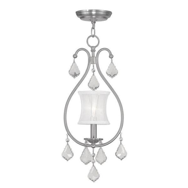 Livex Lighting 1-Light Brushed Nickel Chandelier with Off White Silk Shimmer Shade