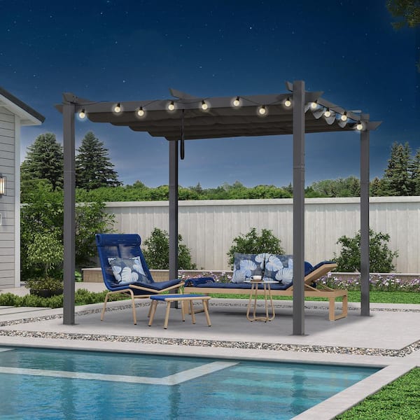 PURPLE LEAF 10 ft. x 10 ft. Gray Aluminum Frame Pergola with Gray Retractable Sun Shade Canopy Extra Roof and String Lights