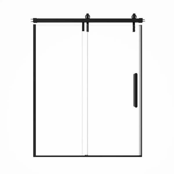 VANITYFUS 60 in. W x 76 in. H Single Sliding Frameless Shower Door in Matte Black with 3/8 in. (10 mm) Clear Glass