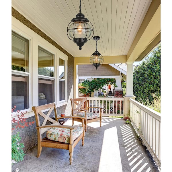 Globe Industrial Black Outdoor/Indoor Pendant Light 1-Light Porch, Hallway Cage Hanging Light with Seeded Glass Shade
