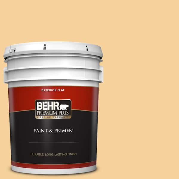 BEHR PREMIUM PLUS 5 gal. #320C-3 Honey Butter Flat Exterior Paint & Primer