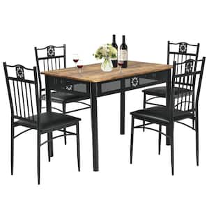 Black 5-Piece Dining Set with Wood Metal Table and 4 Padded Chairs