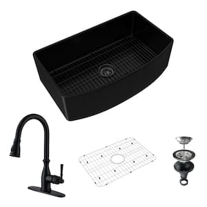33 in. Farmhouse/Apron-Front Single Bowl Fireclay Kitchen Sink with Matte Black Faucet, Bottom Grid and Strainer Basket