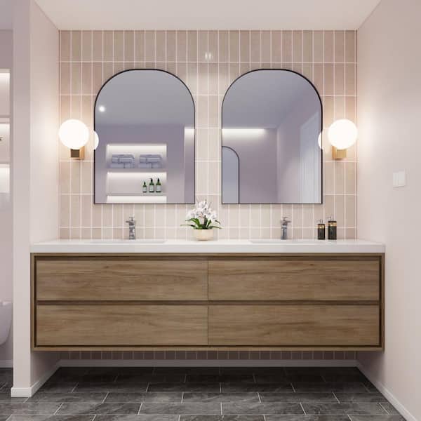 Moreno Bath Sage 83 in. W Vanity in White Oak with Reinforced Acrylic Vanity Top in White with White Basins
