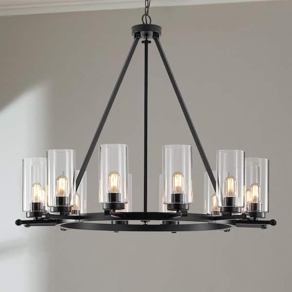 Hartshorn 12-Light Matte Black Industrial Style Chandelier with Clear Glass Shades