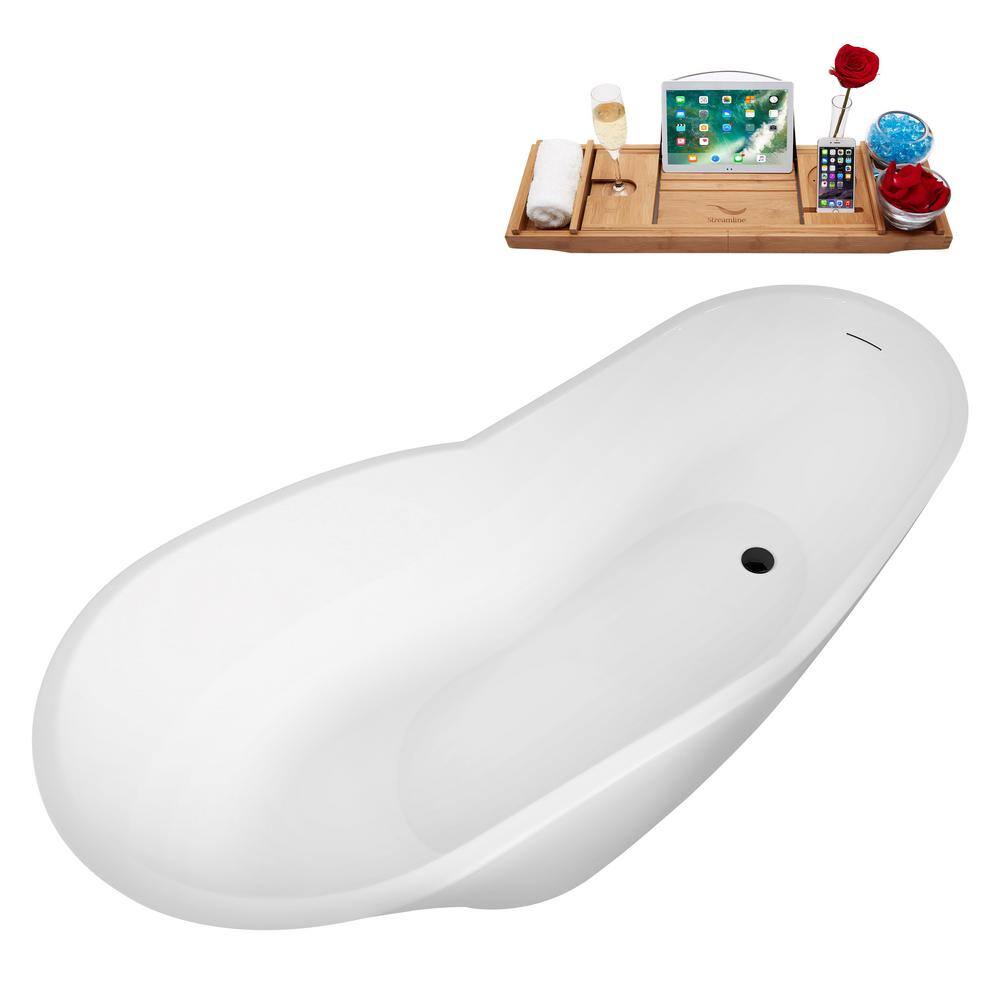 67" Glossy White Acrylic Freestanding Soaking Bathtub with Matte Black Trim
