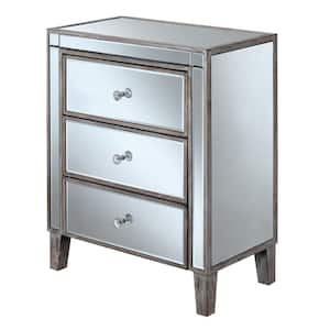 Gold Coast 23.5 in. W Weathered White Rectangle Glass Top Large 3-Drawer Mirrored End Table