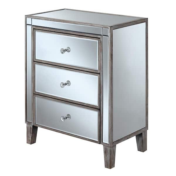 Convenience Concepts Gold Coast 23.5 in. W Weathered White Rectangle Glass Top Large 3-Drawer Mirrored End Table