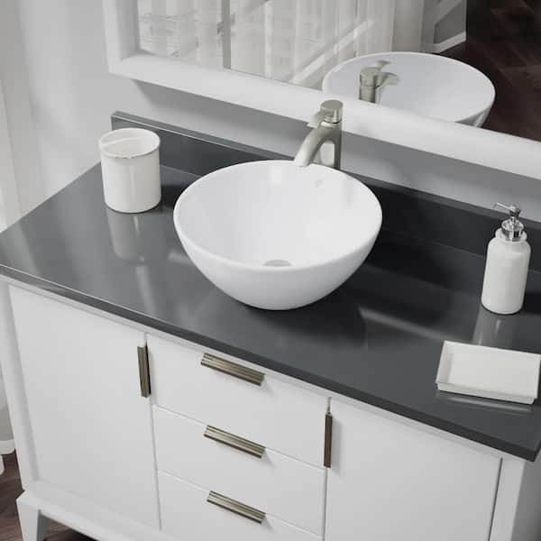 Rene Porcelain Vessel Sink in White with 7006 Faucet and Pop-Up Drain in Brushed Nickel