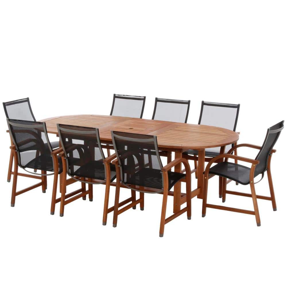 Bahamas 9-Piece Eucalyptus Wood Oval Patio Dining Set with Black Mesh Chairs
