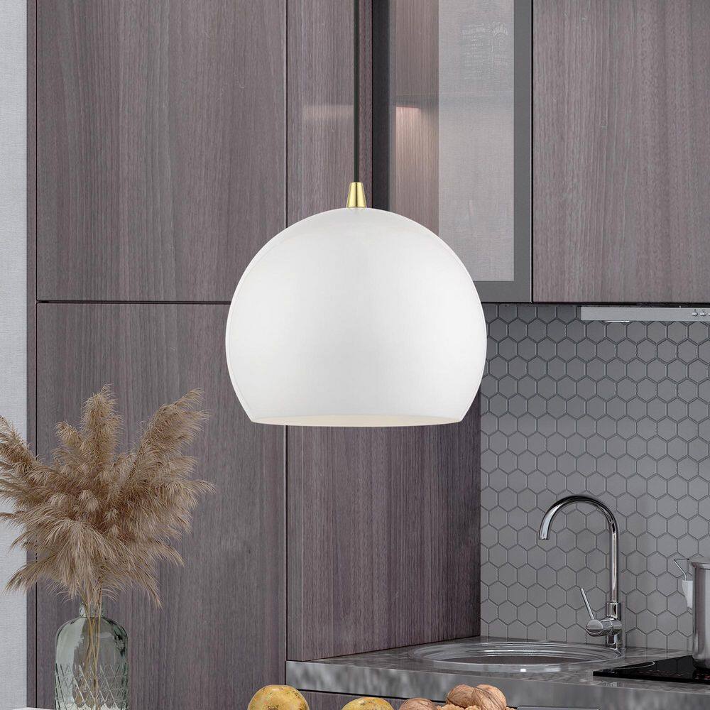 Mini Shiny White Aluminum Globe Pendant with Polished Brass Accents