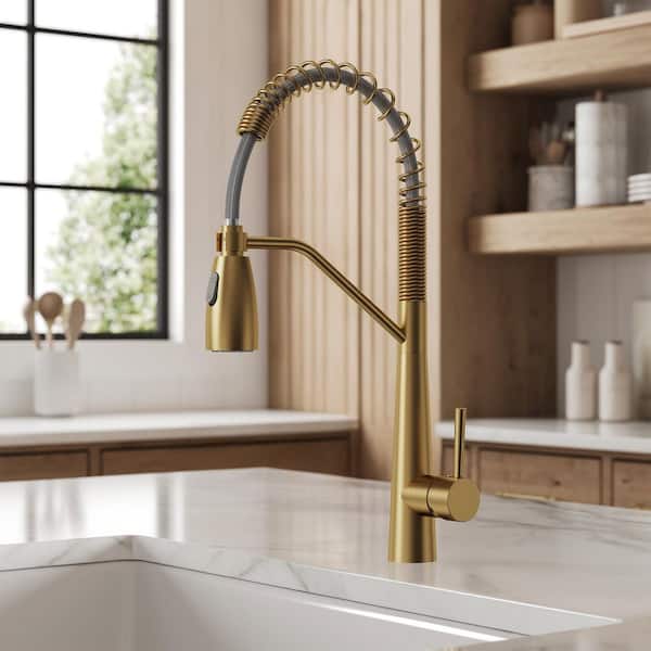 Single Handle Brushed Gold 20 in. H Pull Down Sprayer Kitchen Faucet 360° Spout Swivel