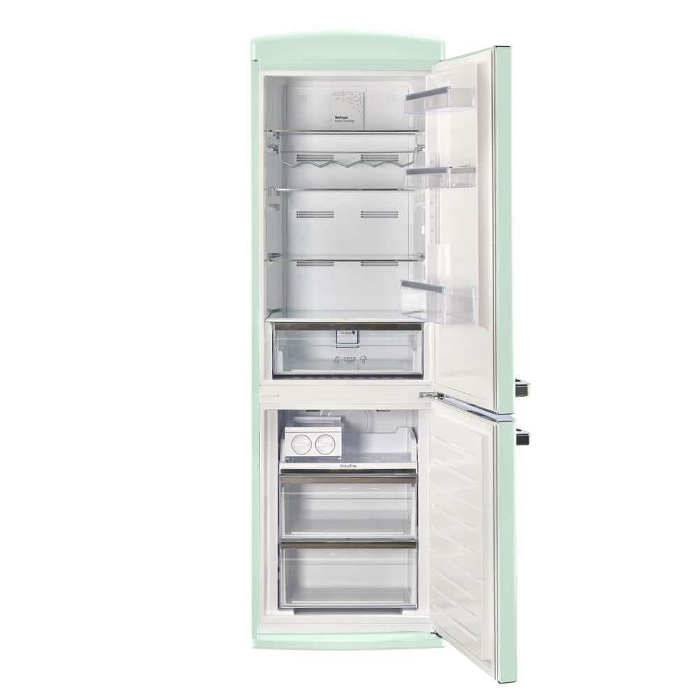 Summer Mint Green Retro Bottom Mount Fridge with Chrome Accents