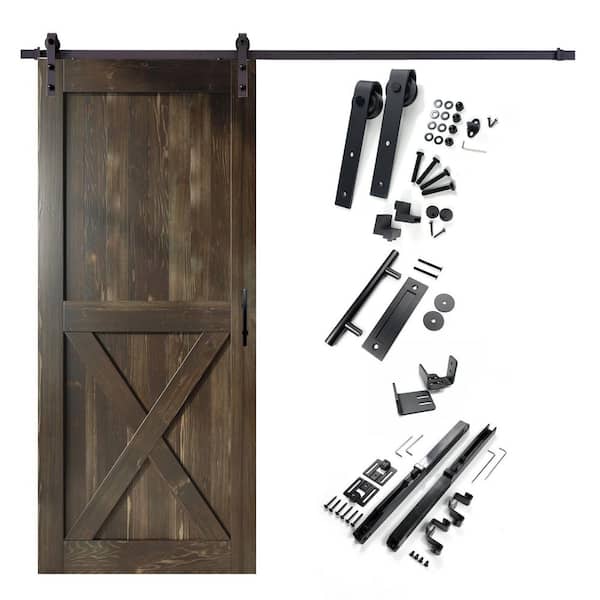 HOMACER 54 in. x 84 in. X-Frame Ebony Solid Pine Wood Interior Sliding Barn Door with Hardware Kit, Non-Bypass