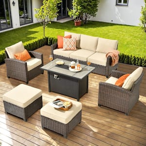 Palermo Brown 6-Piece Wicker Outdoor Modular Patio Furniture Sofa Set with Metal Fire Pit and Beige Cushions