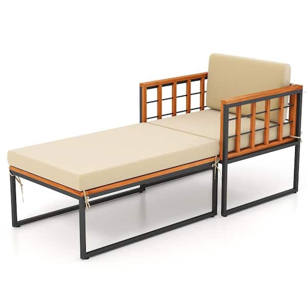 Costway Nature Wood Outdoor Lounge Chair with CushionGuard Beige