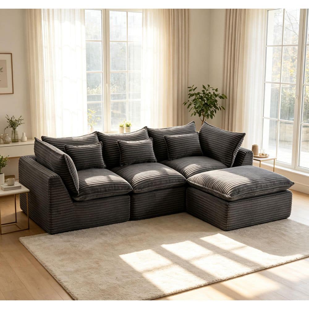 Modern 102.3 in. 4-Piece Corduroy Compression Modular Cloud Sectional Sofa in Antique Grey with Ottoman