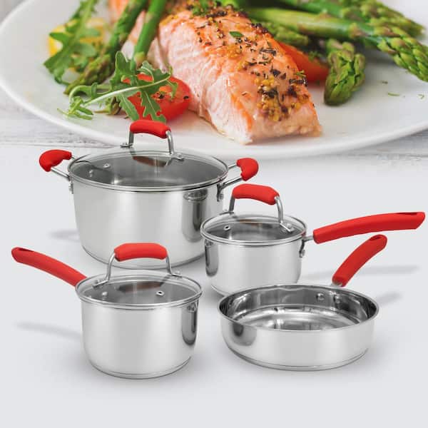 ExcelSteel - 7 PC Stainless Steel Cookware Set w/Red Silicone Handles