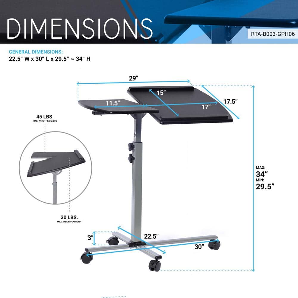 Graphite Adjustable Height Rolling Laptop Cart with Wood Top
