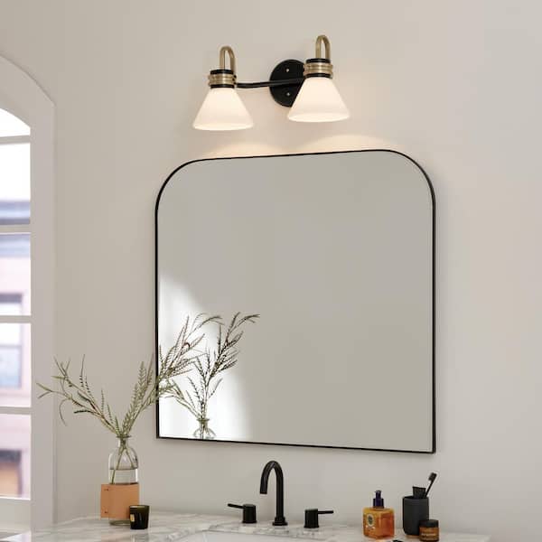 Farum 19.25 in. 2-Light Black with Champagne Bronze Modern Bathroom Vanity Light with Opal Glass Shades