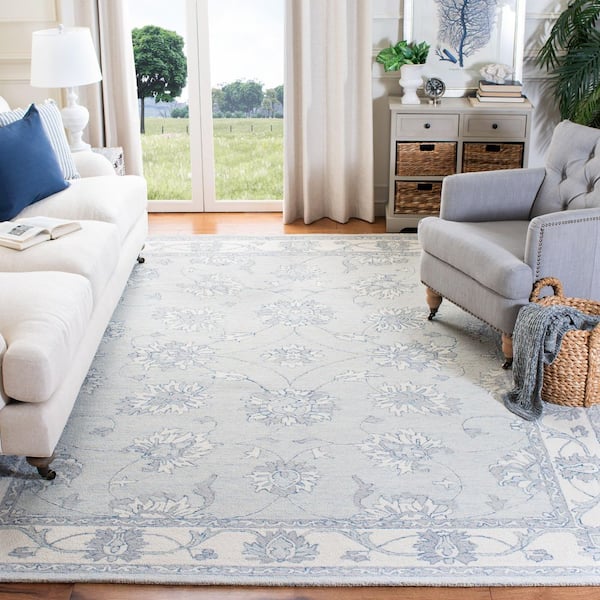 Micro-Loop Light Blue/Ivory 9 ft. x 12 ft. Border Medallion Area Rug
