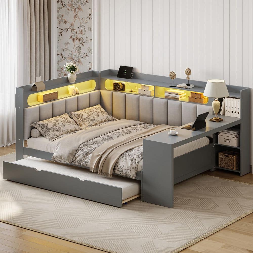 White Full Daybed with Trundle, LED Light and Upholstered Headboard