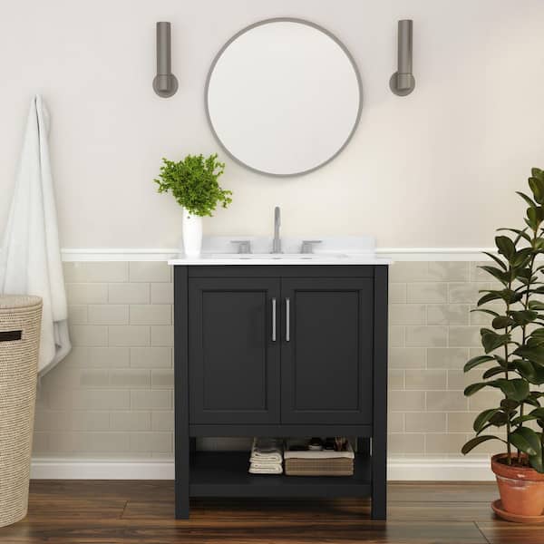 Vega 30 in. Black Bathroom Vanity with Sink Combo, Storage Cabinet, Open Shelf, White Carrara Marble Finish Countertop