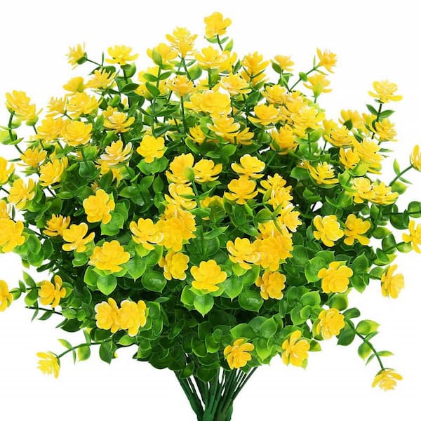 13.8 in. Yellow 8 Bundles Outdoor Artificial Boxwood Fake Flowers UV Resistant No Fade Faux Plastic Shrubs Plants