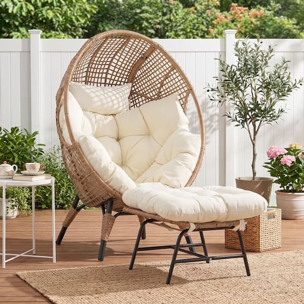 PE Wicker Indoor/Outdoor Lounge Egg Chair with Beige Cushion and Ottoman for Patio Porch Balcony