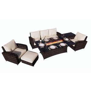 Amy Brown 6-Piece Wicker Patio Fire Pit Conversation Sofa Set with Beige Cushions