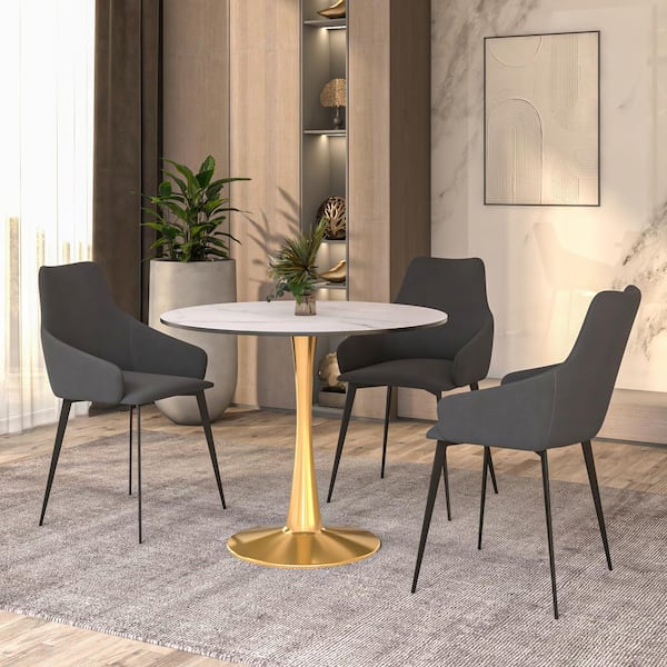 Leisuremod Round Dining Table Modern 35 in. MDF Wood Tabletop with Gold Steel Pedestal Base Bristol Series in Natural Wood