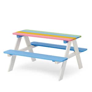 35 in. Rainbow White Rectangular Solid Wood Indoor Outdoor Kids Picnic Table Bench Seats 4, Kids Activity Table