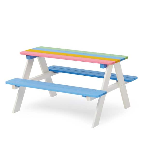 BTMWAY 35 in. Rainbow White Rectangular Solid Wood Indoor Outdoor Kids Picnic Table Bench Seats 4, Kids Activity Table